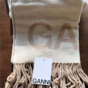 Ganni Cream and Tan Fringe Scarf